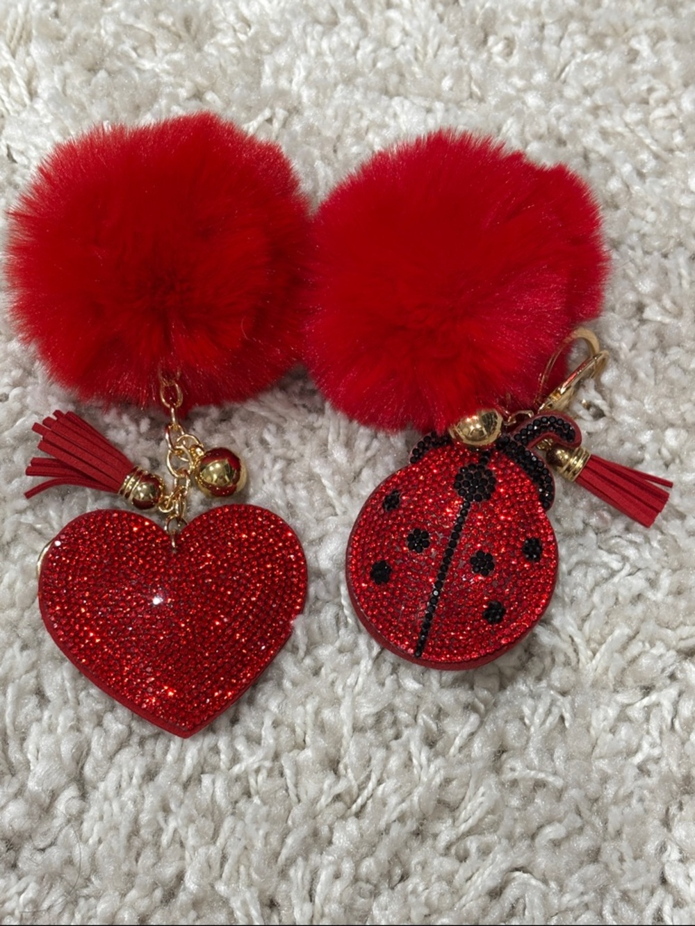 New Red Sparkle Heart and Ladybug Pom-Pom Keychain Set - Kids Accessories